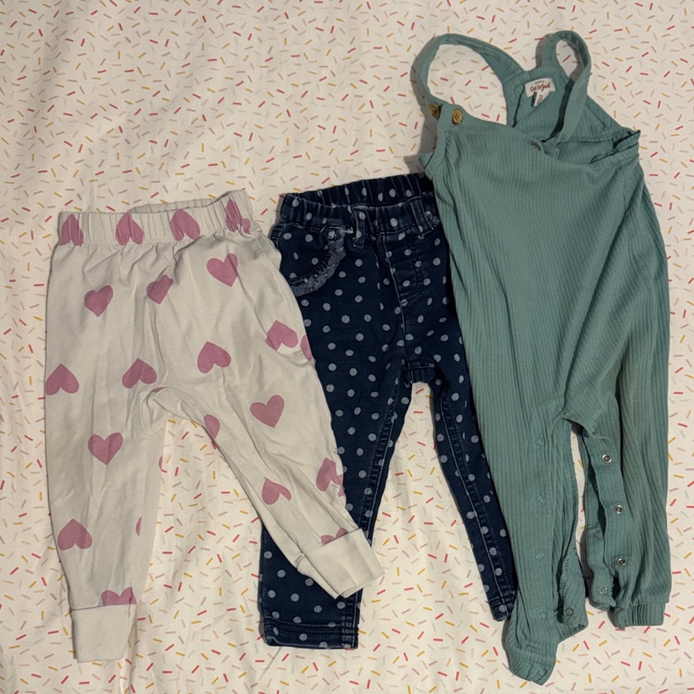 Bundle of bottoms with Hearts, Polka Dots, and Solid Overalls